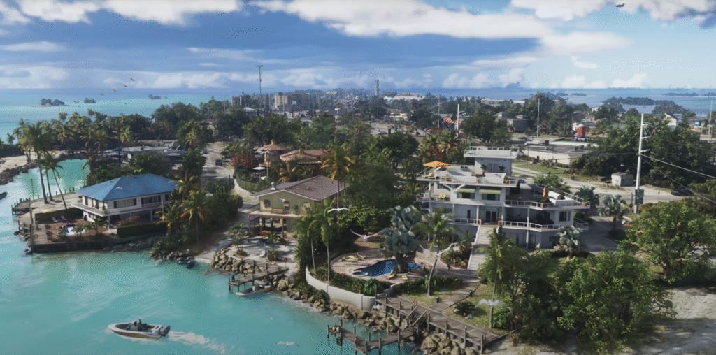 Aerial view of modern Vice City from GTA 6 Trailer 2 showing homes, boats, tropical coastlines, and dense neighborhoods