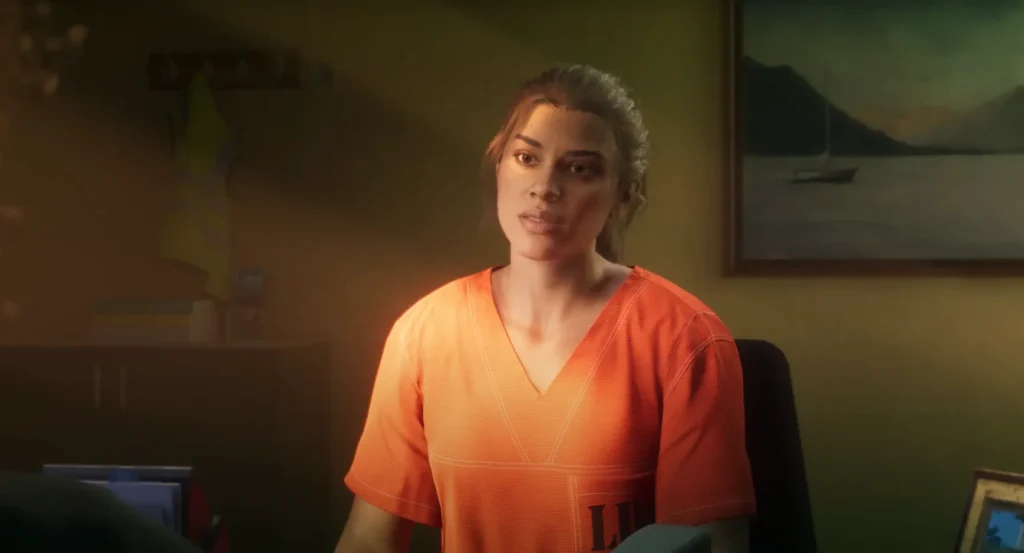 Lucia in orange prison outfit during her first appearance in GTA 6 Trailer 1, seated and facing the camera