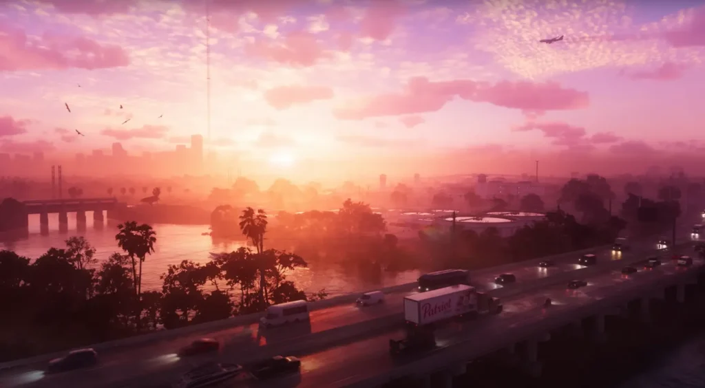 GTA 6 Trailer 1 frame showing sunrise over Vice City skyline, palm trees, and freeway traffic