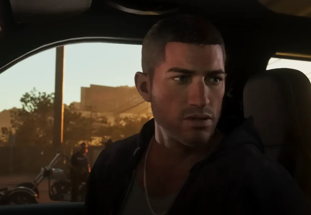 Jason Duval seated in car during sunset in GTA 6 Trailer 2, looking over shoulder with tense expression