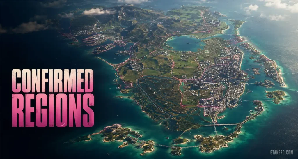 GTA 6 confirmed regions map concept with islands, roads, cities, and coastline.