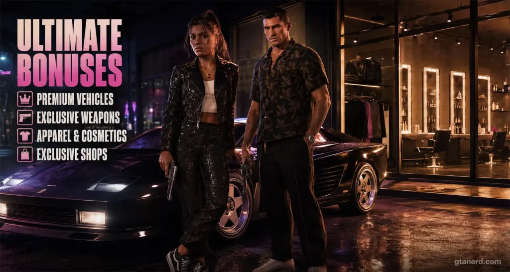 GTA 6 Ultimate Edition bonuses graphic showing Jason and Lucia with premium vehicles, exclusive weapons, apparel, cosmetics, and shops
