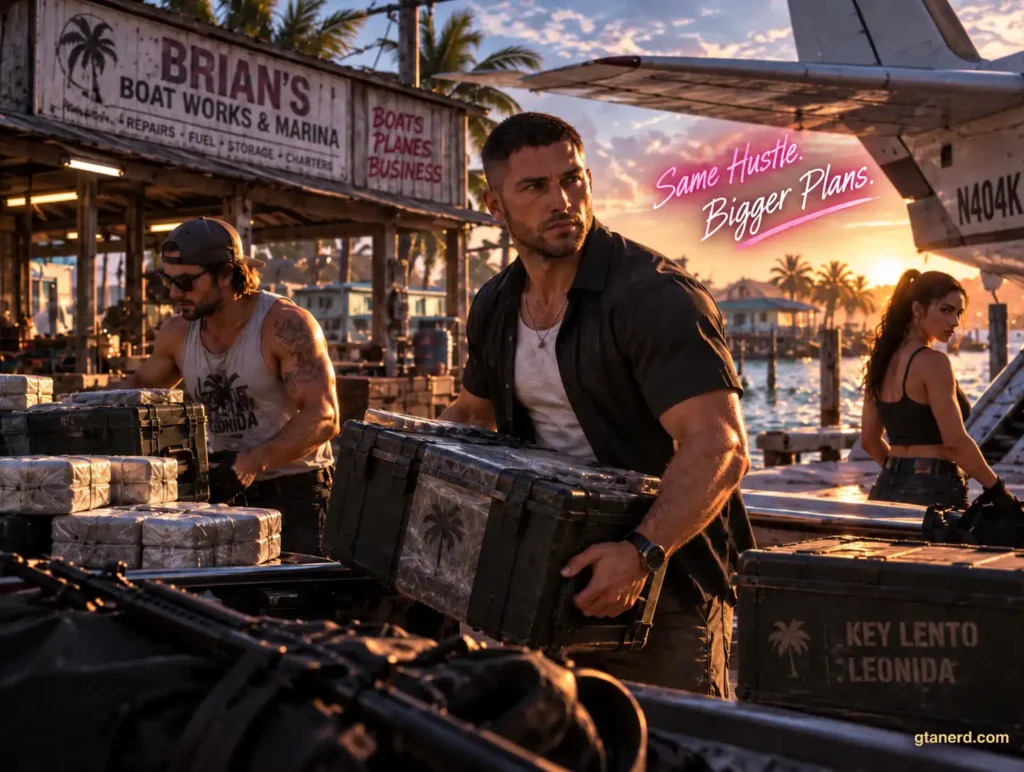 GTA 6 Jason Duval loading contraband at Brian’s Boat Works and Marina in Key Lento, Leonida