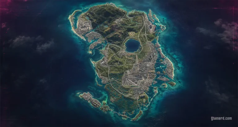 GTA 6 Leonida map concept showing confirmed locations, coastline, cities, highways, islands, wetlands, and map leak rumor layout