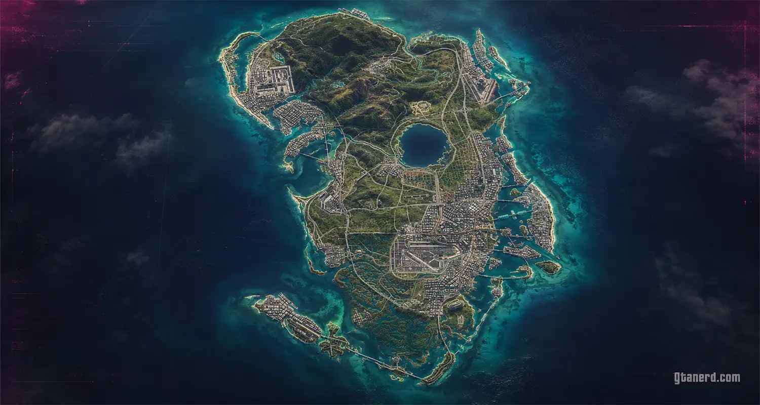 GTA 6 Leonida map concept showing confirmed locations, coastline, cities, highways, islands, wetlands, and map leak rumor layout