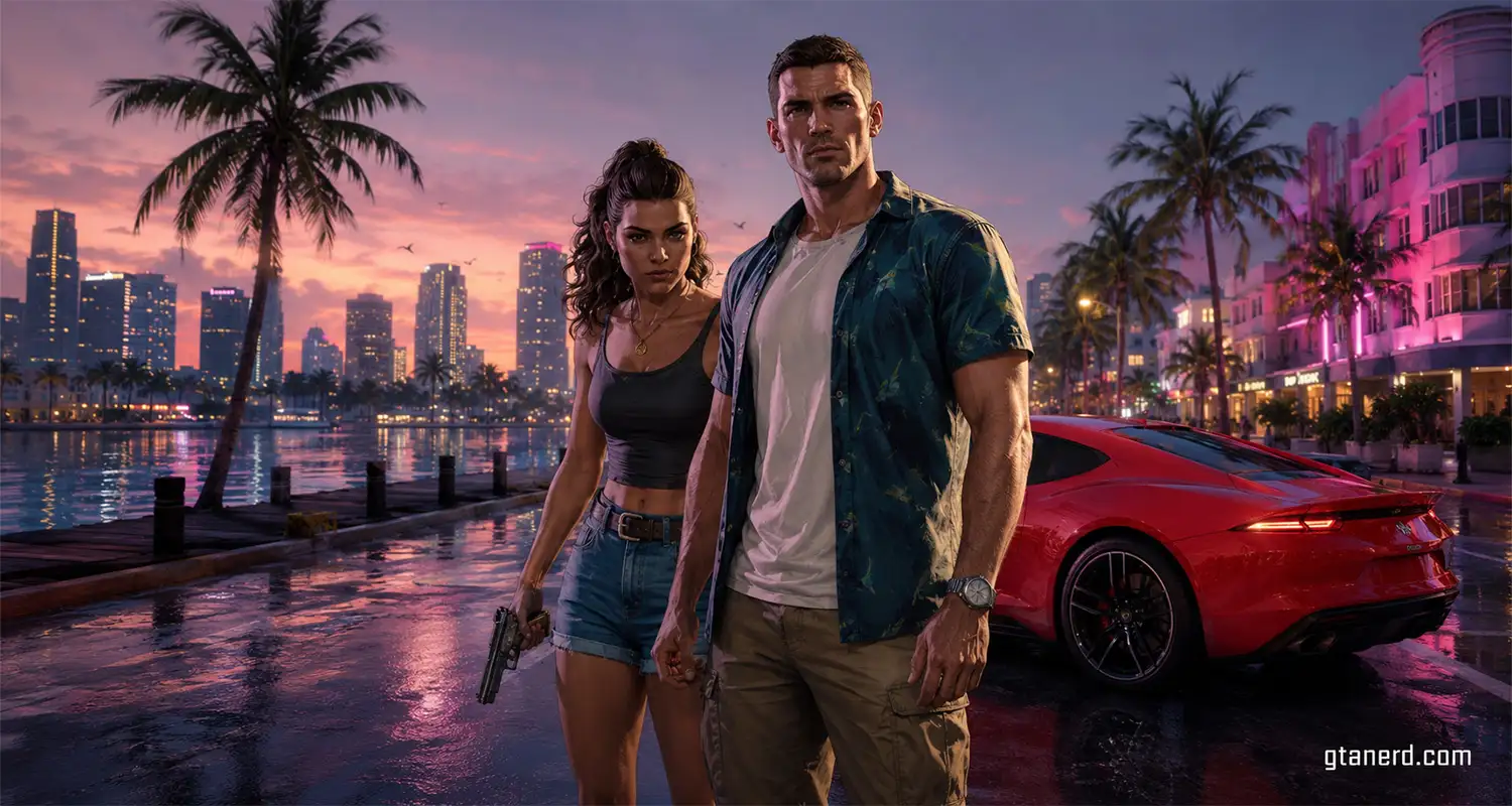 GTA 6 pre-order image showing Lucia and Jason with a red sports car on a neon Vice City street.