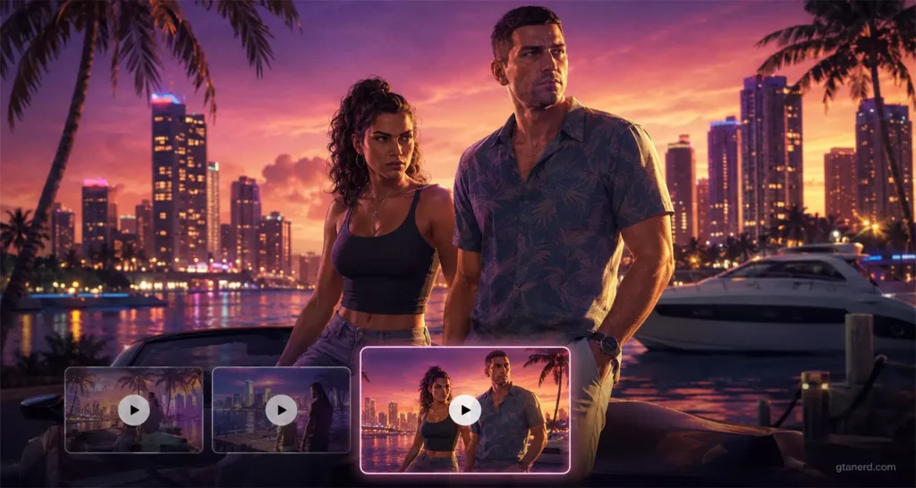 GTA 6 Trailer 3 rumors graphic showing Jason and Lucia with Vice City skyline and trailer preview thumbnails.