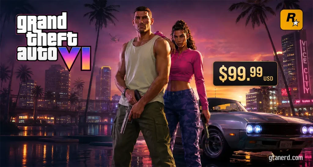 GTA 6 Ultimate Edition price graphic showing Jason and Lucia in Vice City with $99.99 USD price tag