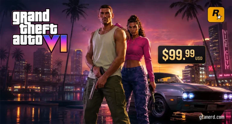 GTA 6 Ultimate Edition price graphic showing Jason and Lucia in Vice City with $99.99 USD price tag