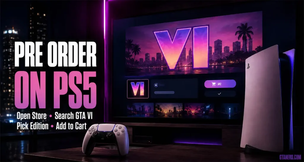 GTA 6 PS5 pre-order guide image showing PlayStation 5 console, DualSense controller, GTA VI store screen, and add to cart steps.