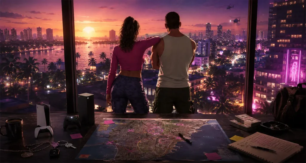 How to pre order GTA 6 guide with Jason, Lucia, PS5, Xbox, and Vice City map.