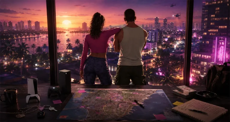 How to pre order GTA 6 guide with Jason, Lucia, PS5, Xbox, and Vice City map.