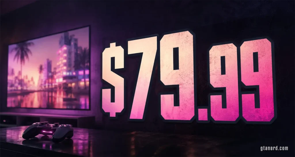 GTA 6 price graphic showing $79.99 with a gaming controller and neon Vice City-style screen.
