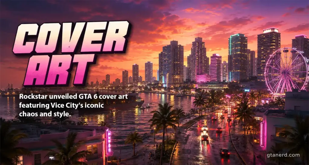 GTA 6 cover art reveal graphic showing Vice City skyline, neon streets, waterfront, and sunset atmosphere.
