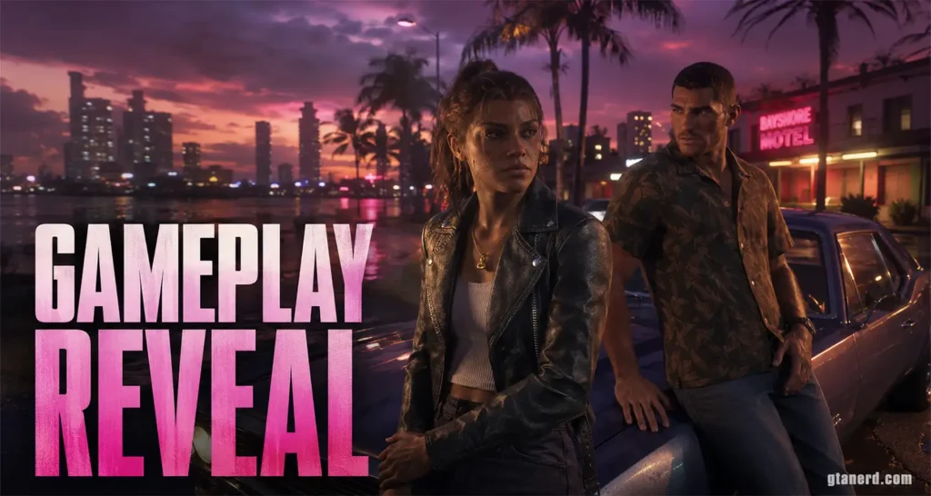 GTA 6 gameplay reveal graphic showing Lucia and Jason beside a car in Vice City at sunset.
