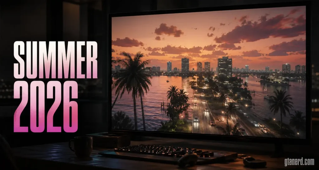 GTA 6 Trailer 3 timing graphic showing Summer 2026 text beside a Vice City skyline on a monitor.
