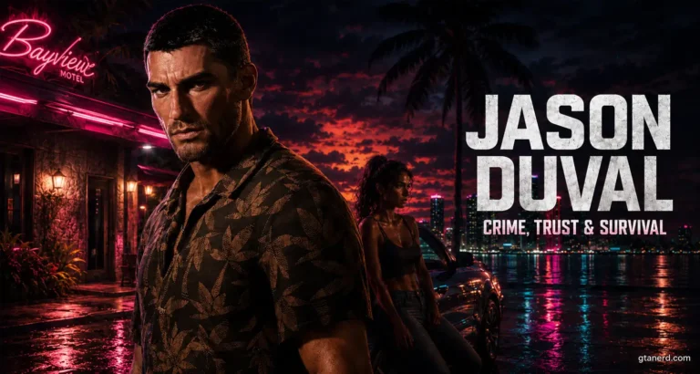 GTA 6 Jason Duval with Lucia in a neon Vice City scene.