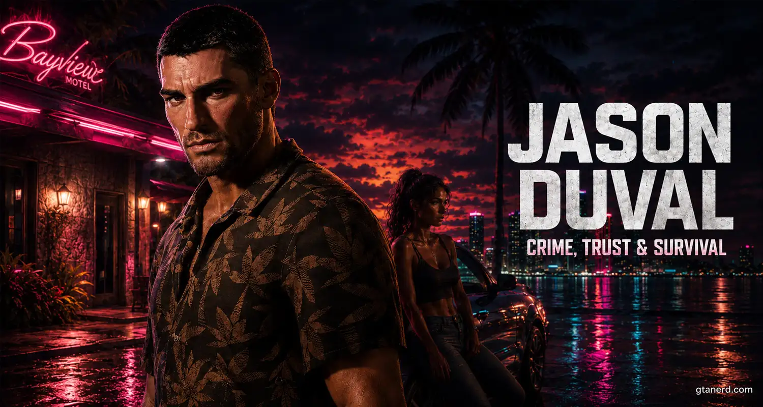 GTA 6 Jason Duval with Lucia in a neon Vice City scene.
