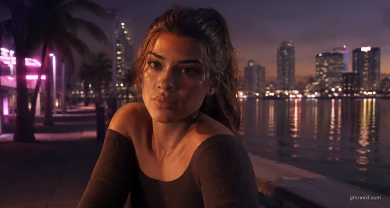 GTA 6 Lucia Caminos portrait on a neon-lit waterfront with a Vice City-inspired skyline at night.