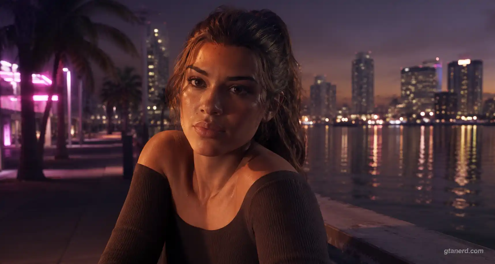 GTA 6 Lucia Caminos portrait on a neon-lit waterfront with a Vice City-inspired skyline at night.