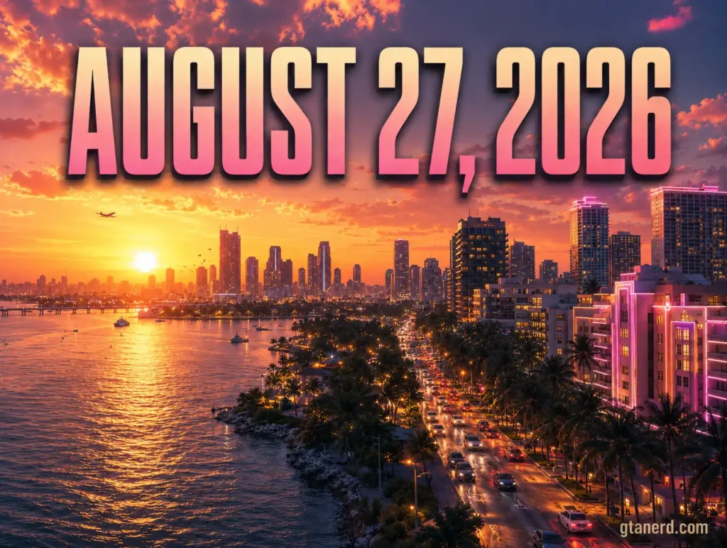 GTA 6 Trailer 3 confirmed for August 27, 2026, with a Vice City sunset skyline and waterfront.