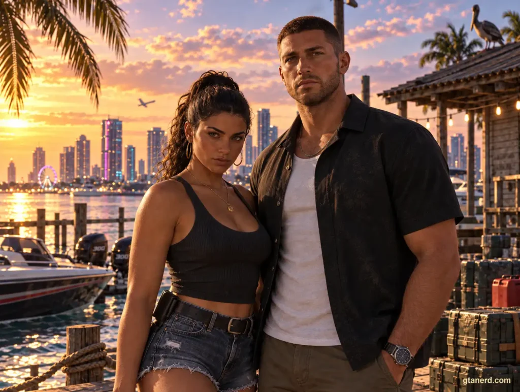 GTA 6 Jason Duval and Lucia Caminos together at a Leonida Keys marina