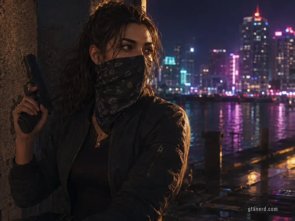 GTA 6 Lucia Caminos holding a handgun near a waterfront with a neon-lit Vice City-inspired skyline at night.