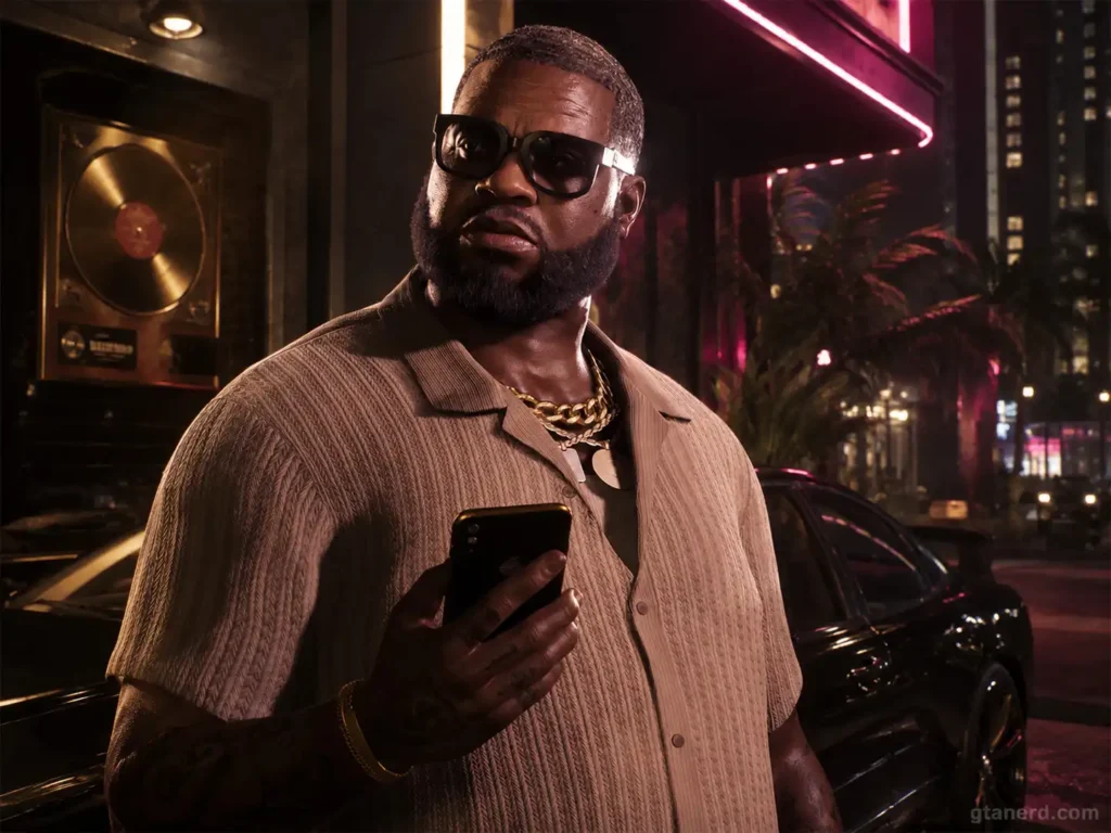 GTA 6 cast member Boobie Ike outside a neon Vice City venue.