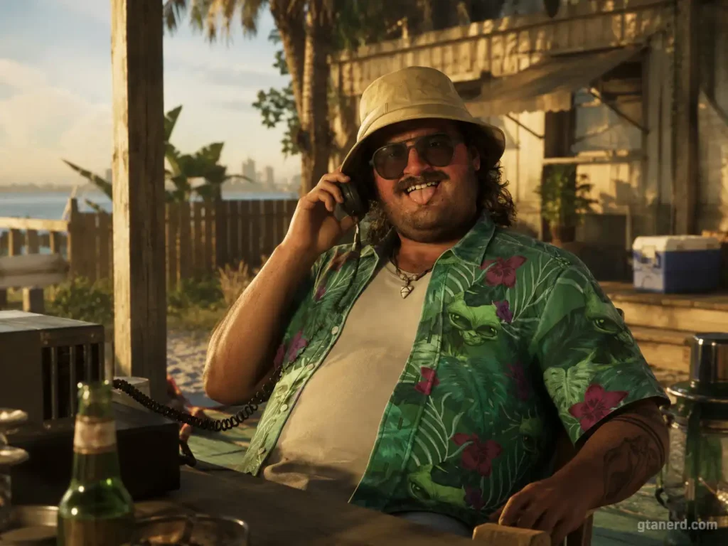 GTA 6 cast member Cal Hampton talking on a phone in Leonida.