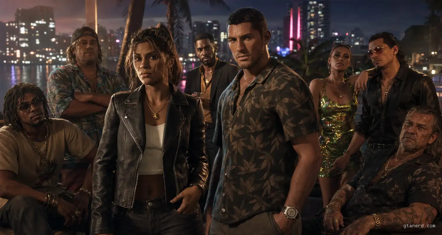 GTA 6 cast with Lucia, Jason, and confirmed supporting characters.