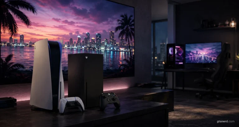 GTA 6 coming to PC with PS5, Xbox Series X, and a high-end RGB gaming PC setup in the background.