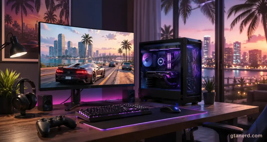 Grand Theft Auto 6 Online on a gaming PC with an RGB desktop, ultrawide monitor, keyboard, mouse, and controller.
