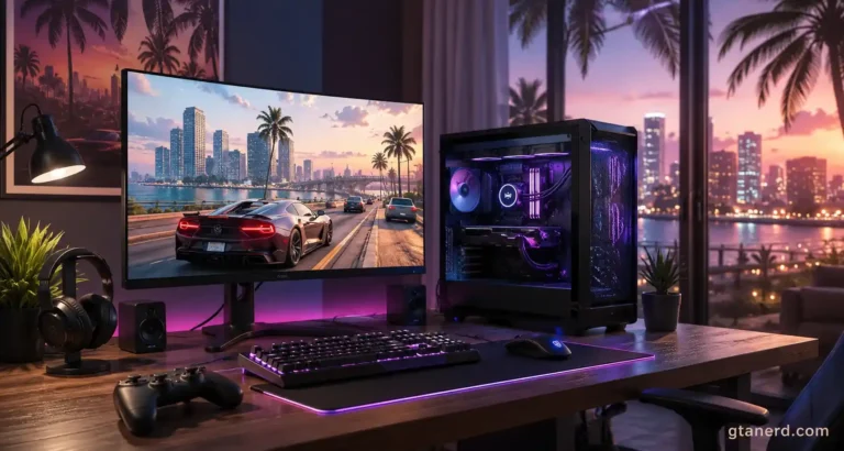 Grand Theft Auto 6 Online on a gaming PC with an RGB desktop, ultrawide monitor, keyboard, mouse, and controller.