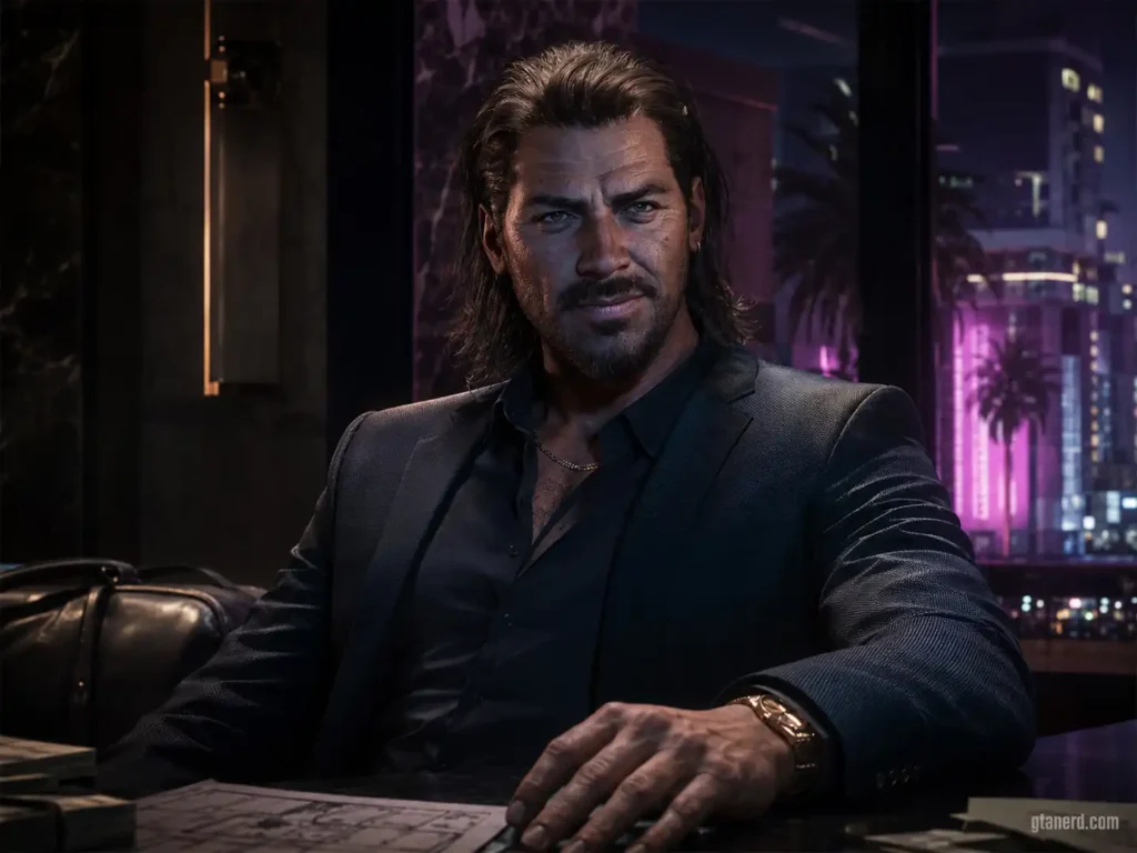 GTA 6 cast member Raul Bautista in a Vice City office.