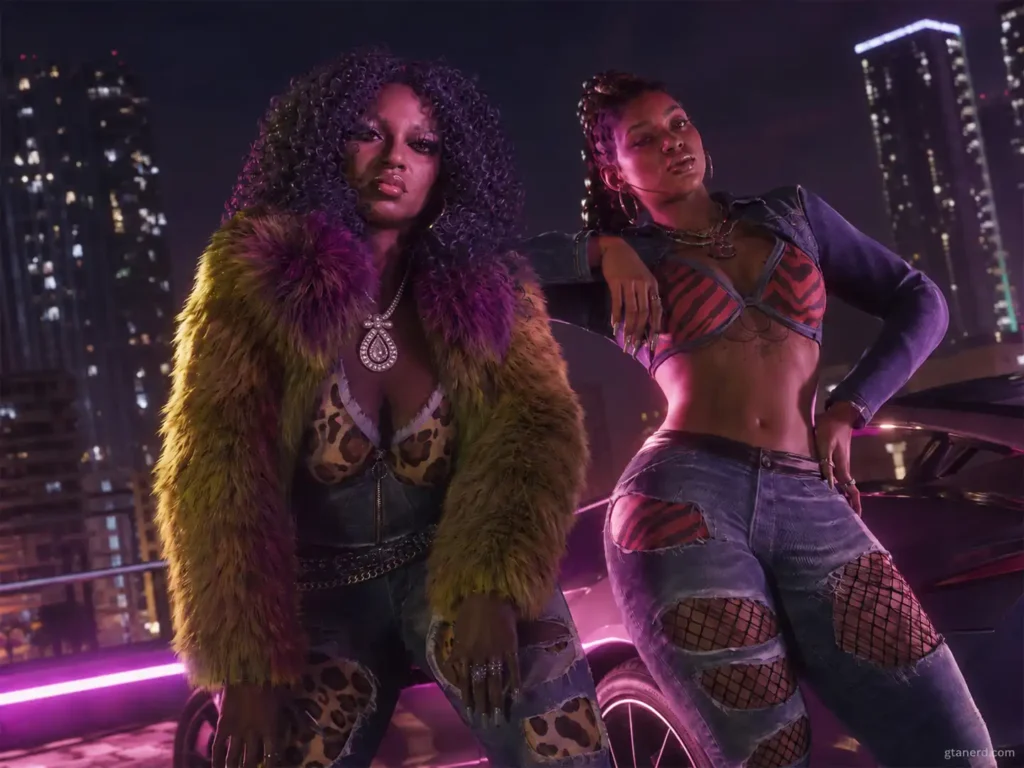 GTA 6 cast members Real Dimez in neon Vice City.