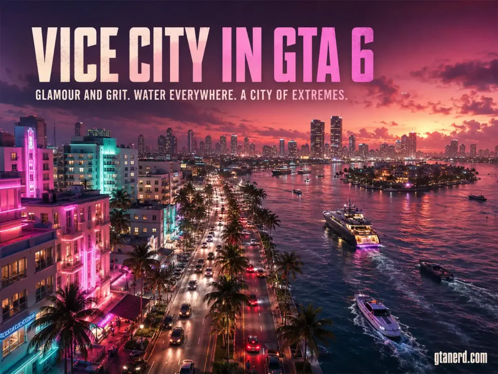 GTA 6 Vice City skyline featuring beaches, palm trees, yachts, and the modern city waterfront
