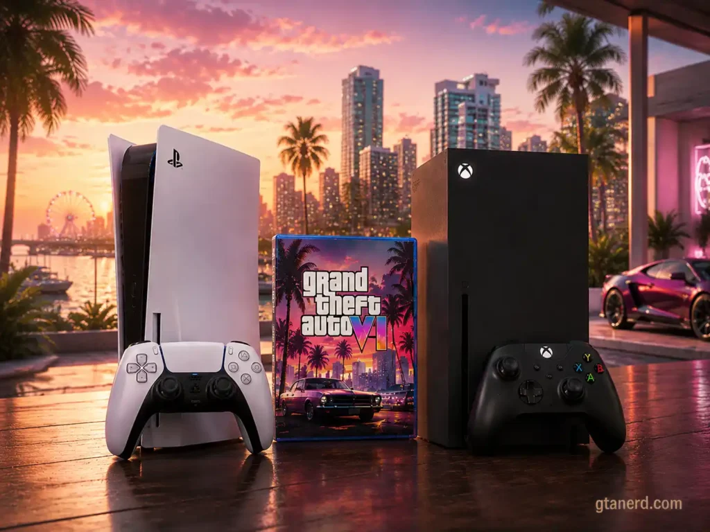 Will GTA 6 Be on Nintendo Switch 2 compared with PS5 and Xbox Series X consoles featuring GTA 6 cover art.