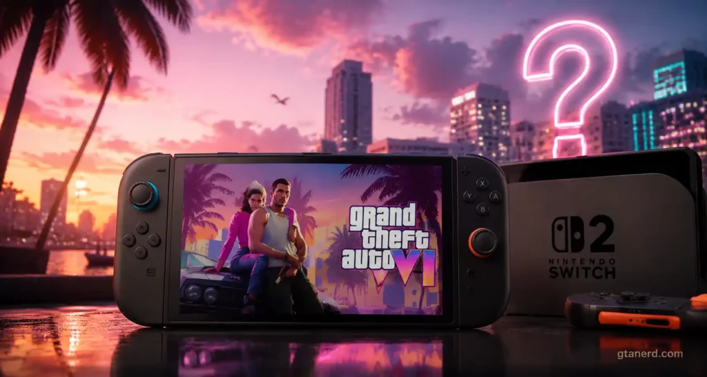 Will GTA 6 Be on Nintendo Switch 2? Nintendo Switch 2 displaying GTA 6 artwork with a question mark in the background.