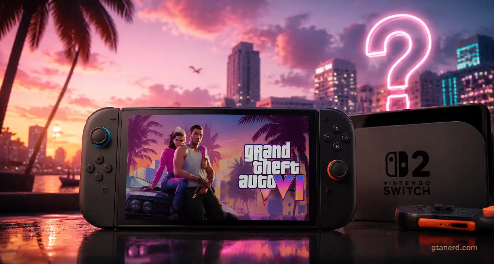Will GTA 6 Be on Nintendo Switch 2? Nintendo Switch 2 displaying GTA 6 artwork with a question mark in the background.