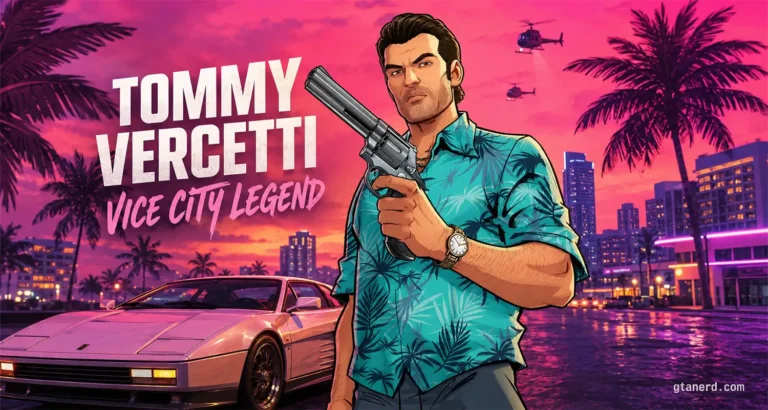 Tommy Vercetti GTA 6 rumor graphic showing Vice City legend text, palm trees, sports car, and neon Vice
