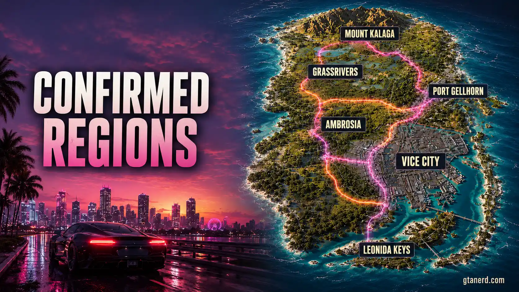 Grand Theft Auto 6 news map showing confirmed Leonida regions and Vice City.