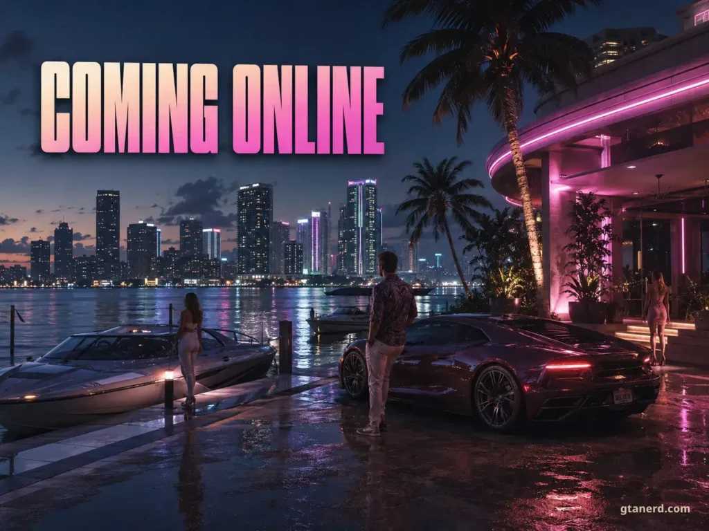Grand Theft Auto 6 Online concept showing sports cars, a neon city skyline, and a luxury waterfront at night.