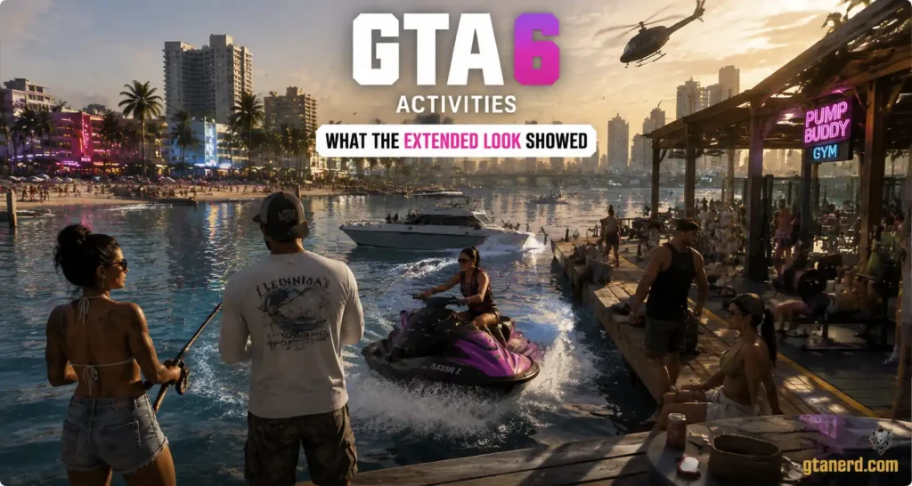 GTA 6 activities: Extended Look gameplay showing jet skis, boats, fishing, gym, and open-world activities in Leonida
