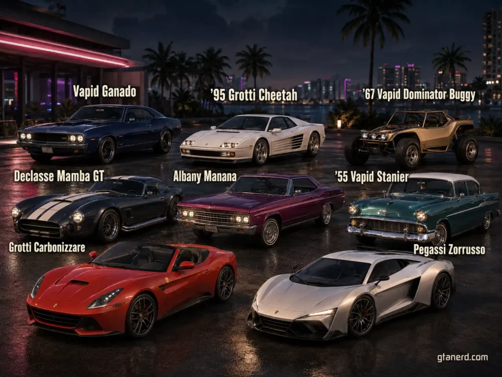 GTA 6 cars list with Vapid Ganado, Grotti Cheetah, Vapid Dominator Buggy, Albany Manana, and Pegassi Zorrusso.