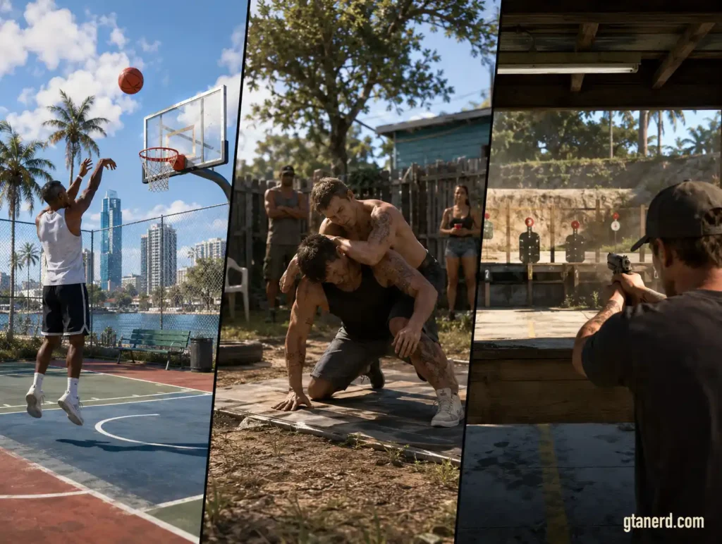 GTA 6 activities including basketball, backyard wrestling, and shooting practice confirmed from the Extended Look gameplay