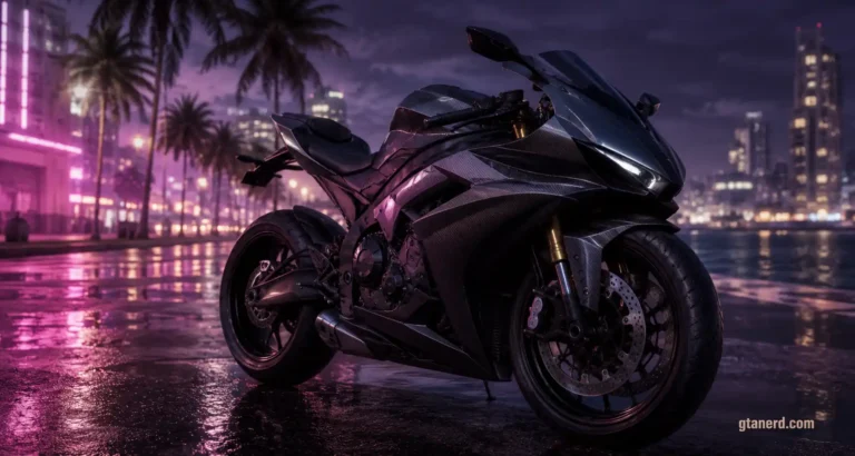 GTA 6 motorcycles featuring a modern black sport bike parked on a neon-lit Vice City street at night.