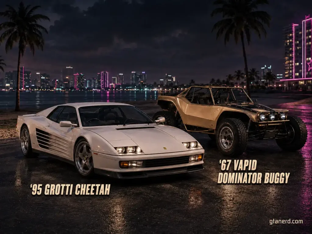 GTA 6 cars featuring the Grotti Cheetah and Vapid Dominator Buggy parked in Vice City at night.