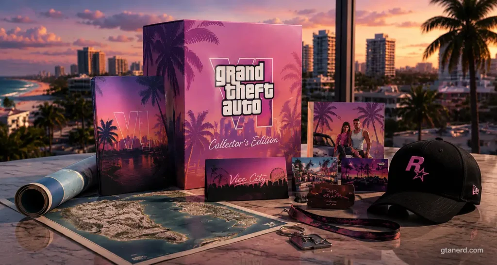GTA 6 collectors edition concept featuring a premium collector's box, steelbook case, Vice City map, postcards, lanyard, keychain, and Rockstar-inspired cap.