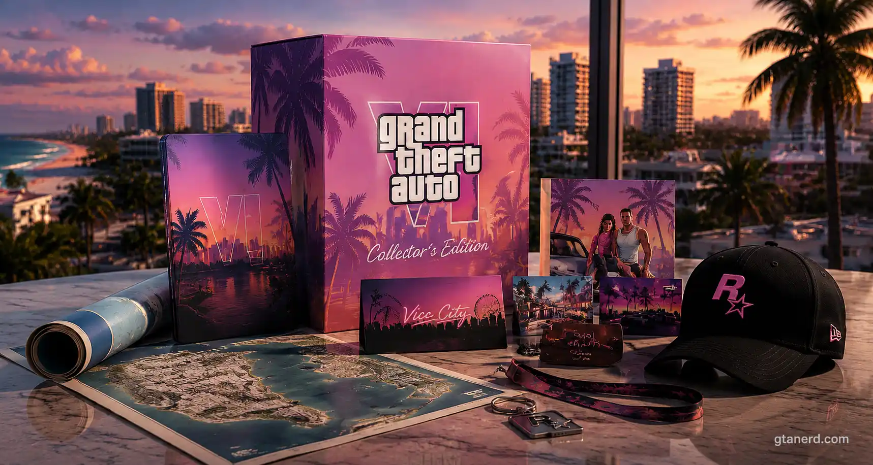 GTA 6 collectors edition concept featuring a premium collector's box, steelbook case, Vice City map, postcards, lanyard, keychain, and Rockstar-inspired cap.