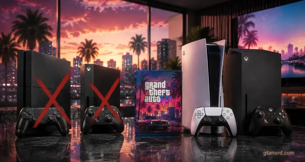 GTA 6 coming to PS5 with PlayStation 5, Xbox Series X, and unsupported PS4 and Xbox One consoles.